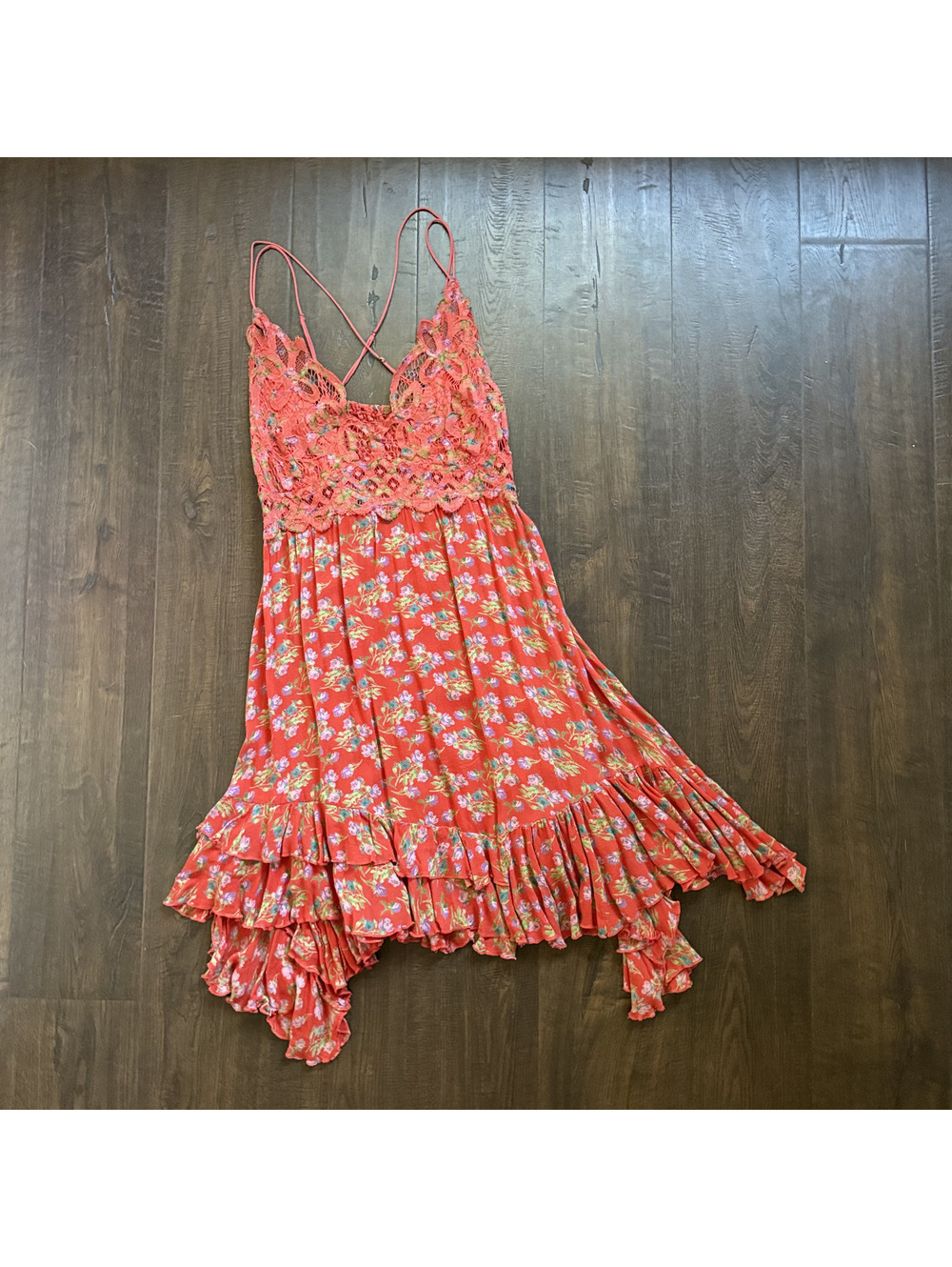 Free People FP One Adella Slip Dress Coral Floral Lace Boho M